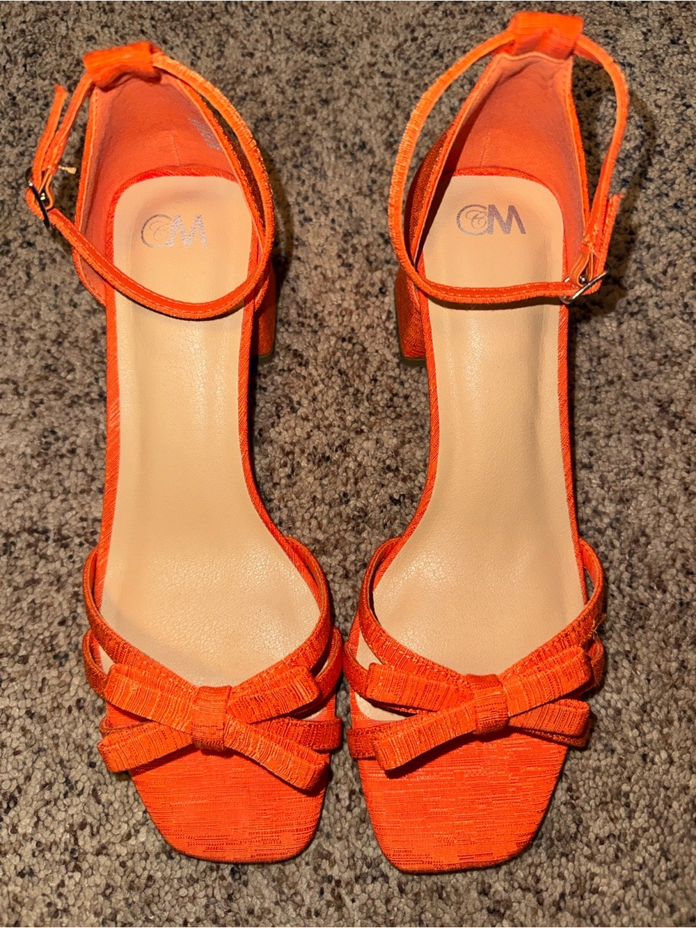 Women's Orange Ankle-Strap Block Heels with Decorative Bow